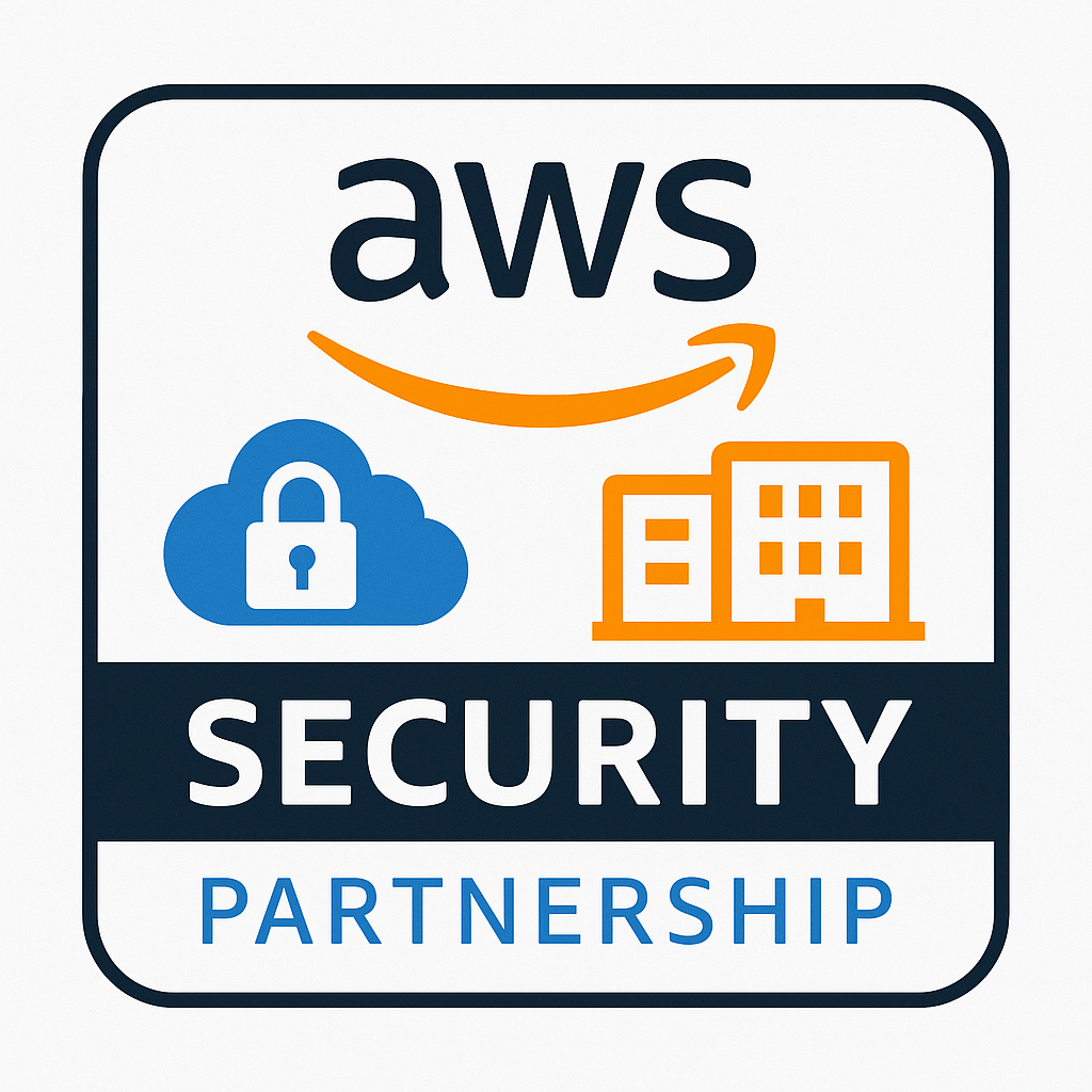 AWS security partnership badge with Amazon Web Services logo, cloud security icons, and enterprise-grade infrastructure symbols in orange and blue