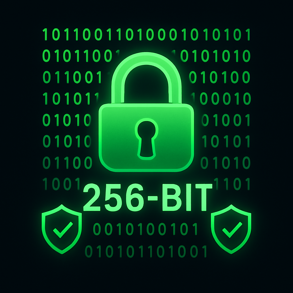 256-bit encryption security icon with digital lock symbol, binary code background, and green security indicators showing advanced data protection